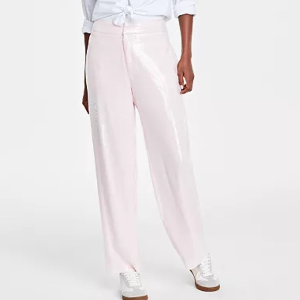 NWT On 34th Pink Dogwood Sequined High Rise Straight-Leg Pants - Picture 2 of 11